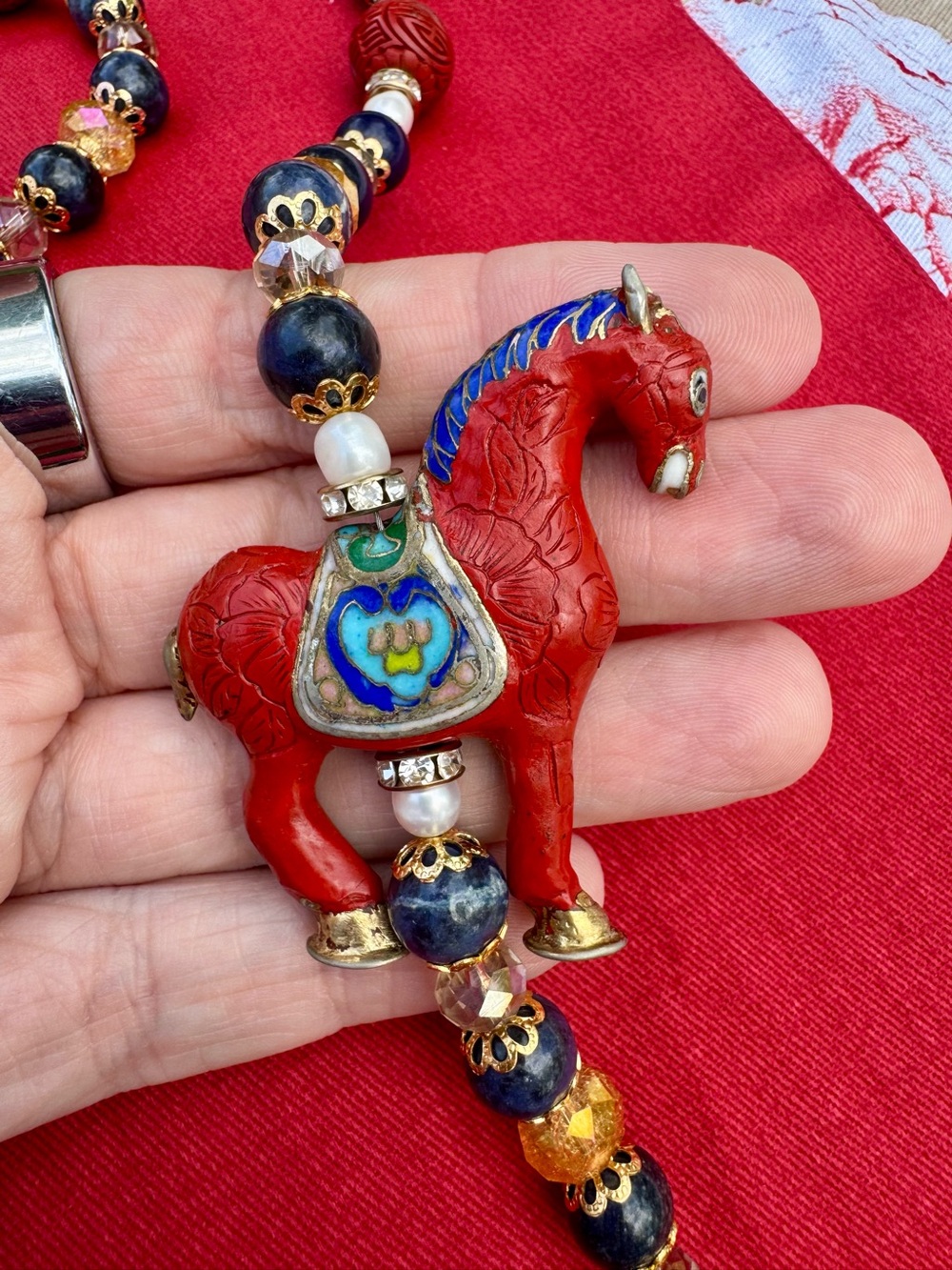 Artisan Cinnabar & Cloisonné Horse with Sodalite & Crackle Glass Beaded Set 🧁 - Picture 8 of 11